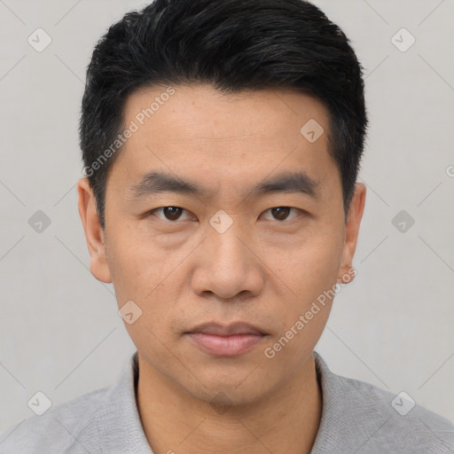 Neutral asian young-adult male with short  black hair and brown eyes