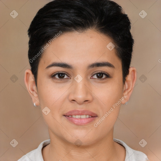 Joyful white young-adult female with short  brown hair and brown eyes