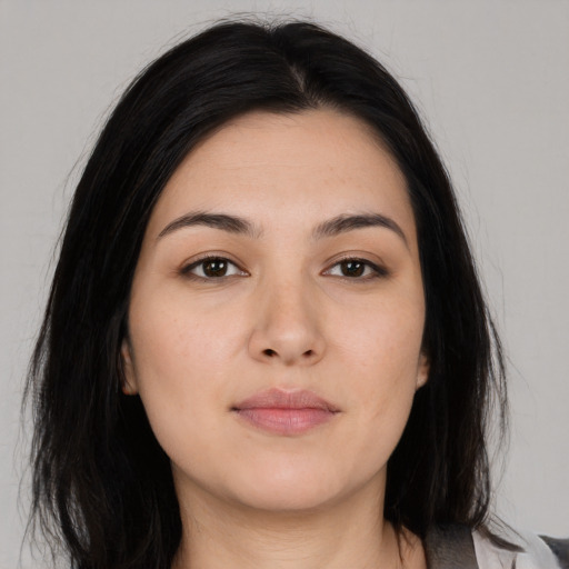 Neutral asian young-adult female with long  black hair and brown eyes