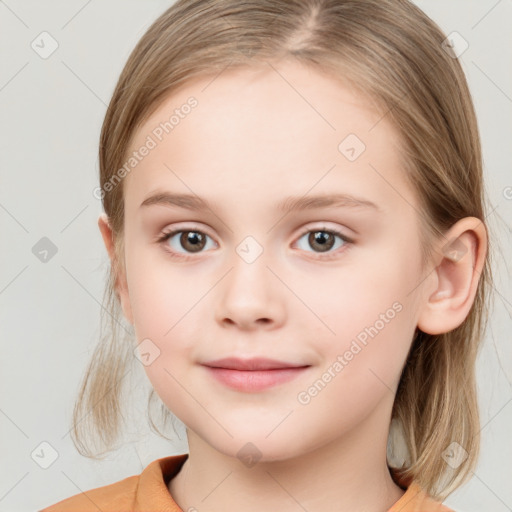 Neutral white child female with medium  brown hair and grey eyes