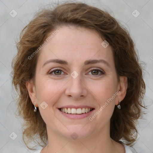 Joyful white young-adult female with medium  brown hair and green eyes