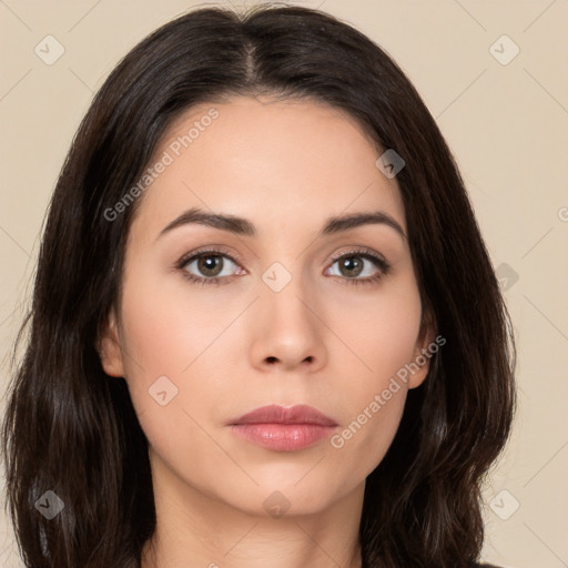 Neutral white young-adult female with long  brown hair and brown eyes