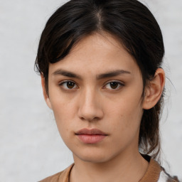 Neutral white young-adult female with medium  brown hair and brown eyes