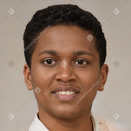 Joyful black young-adult female with short  brown hair and brown eyes