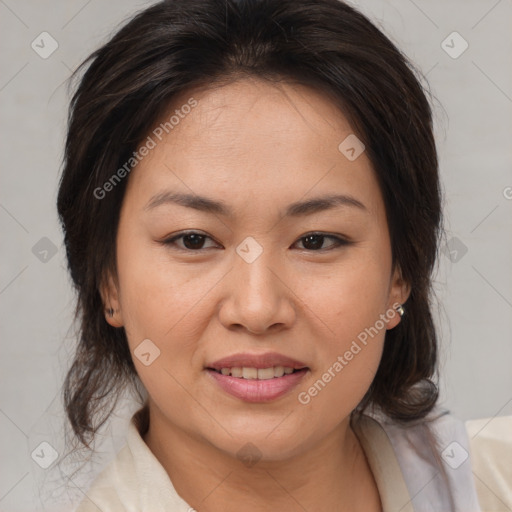 Joyful white adult female with medium  brown hair and brown eyes