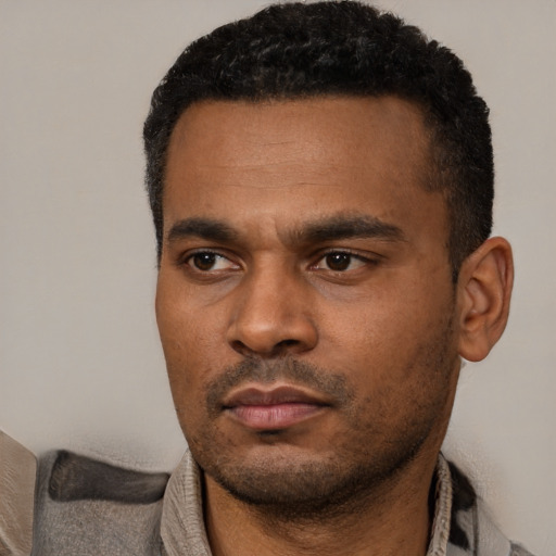 Neutral black young-adult male with short  black hair and brown eyes