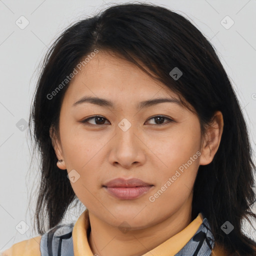 Neutral asian young-adult female with medium  brown hair and brown eyes