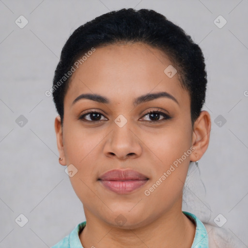 Joyful latino young-adult female with short  brown hair and brown eyes