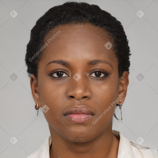 Neutral black young-adult female with short  brown hair and brown eyes