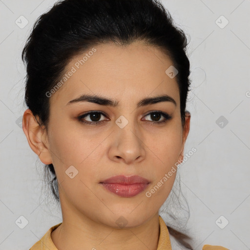 Joyful latino young-adult female with short  brown hair and brown eyes