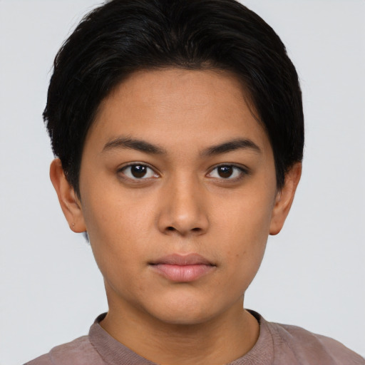 Neutral latino young-adult female with short  brown hair and brown eyes