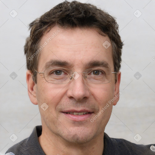 Joyful white adult male with short  brown hair and grey eyes