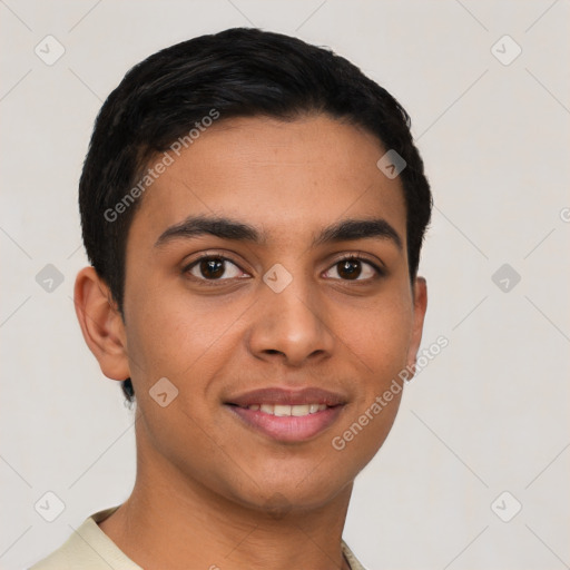 Joyful latino young-adult male with short  brown hair and brown eyes