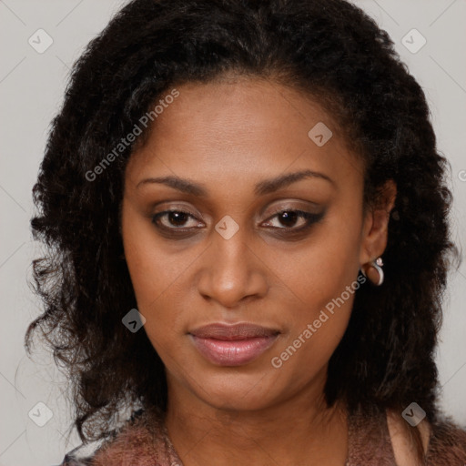 Joyful black young-adult female with medium  brown hair and brown eyes