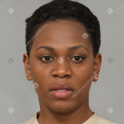 Neutral black young-adult female with short  black hair and brown eyes