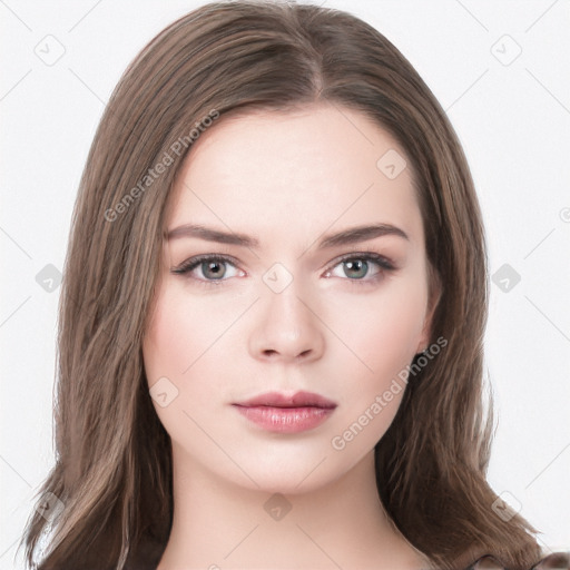 Neutral white young-adult female with long  brown hair and brown eyes