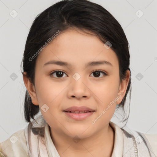 Joyful asian child female with medium  brown hair and brown eyes