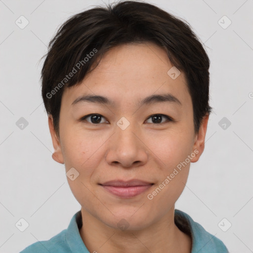 Joyful asian young-adult female with short  brown hair and brown eyes