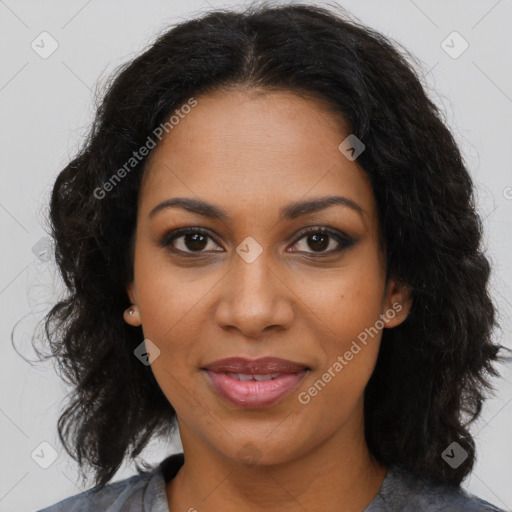 Joyful black young-adult female with medium  brown hair and brown eyes