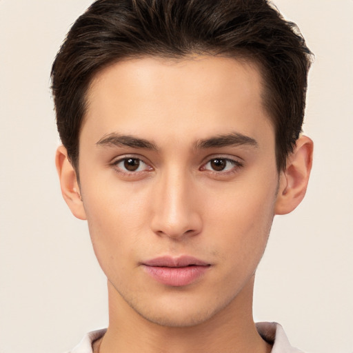 Neutral white young-adult male with short  brown hair and brown eyes