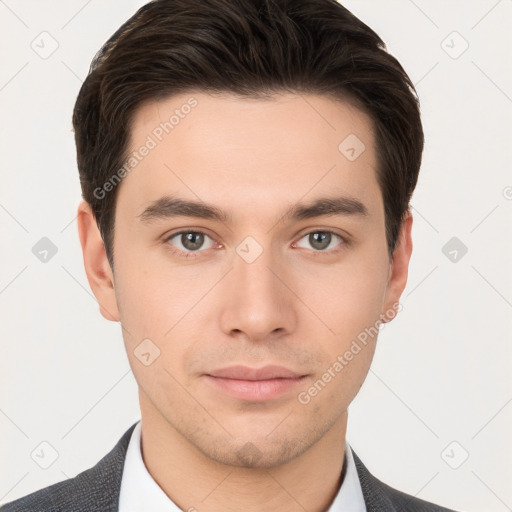 Neutral white young-adult male with short  brown hair and brown eyes