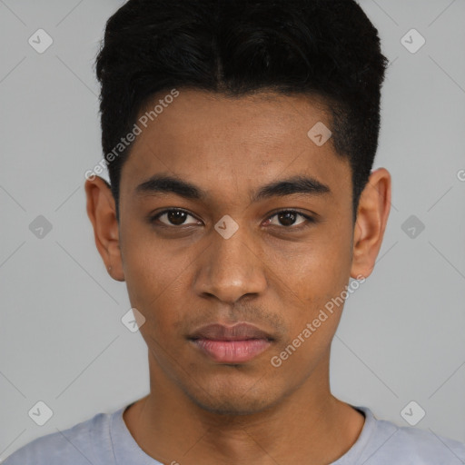 Neutral latino young-adult male with short  black hair and brown eyes