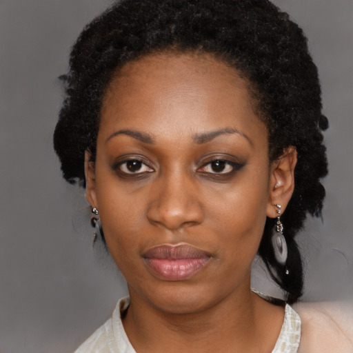 Neutral black young-adult female with short  black hair and brown eyes