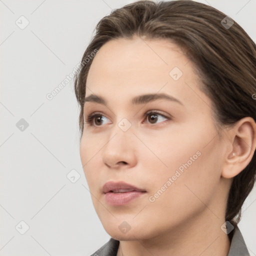 Neutral white young-adult female with medium  brown hair and brown eyes