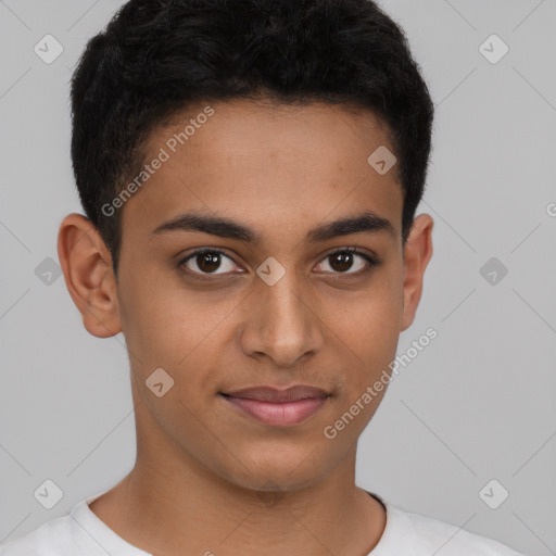 Joyful latino young-adult male with short  brown hair and brown eyes