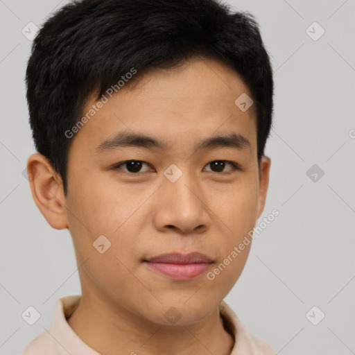 Joyful asian young-adult male with short  brown hair and brown eyes