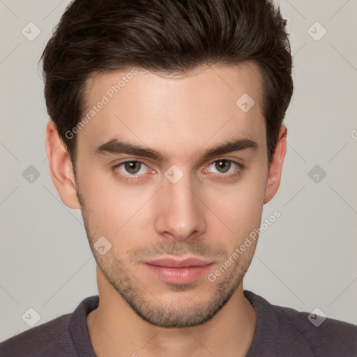 Neutral white young-adult male with short  brown hair and brown eyes