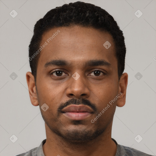 Neutral black young-adult male with short  black hair and brown eyes