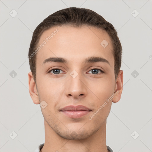 Neutral white young-adult male with short  brown hair and brown eyes