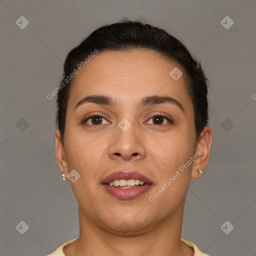 Joyful white young-adult female with short  brown hair and brown eyes