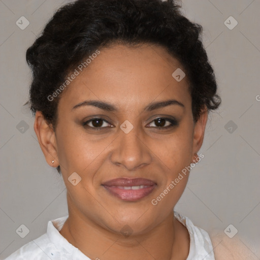 Joyful latino young-adult female with short  brown hair and brown eyes