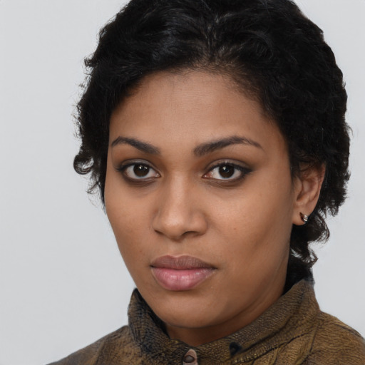 Neutral latino young-adult female with short  brown hair and brown eyes