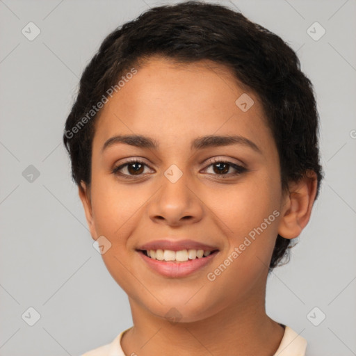 Joyful latino young-adult female with short  brown hair and brown eyes