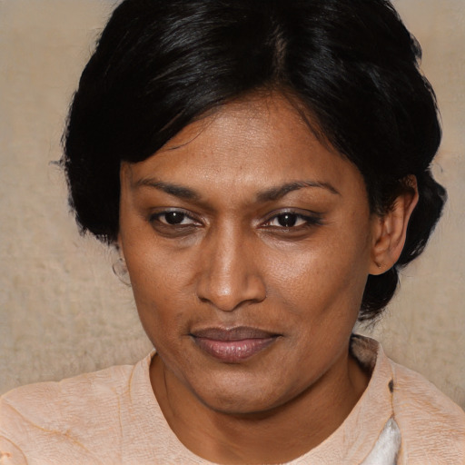 Joyful asian adult female with short  black hair and brown eyes