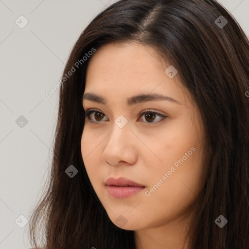 Neutral white young-adult female with long  brown hair and brown eyes