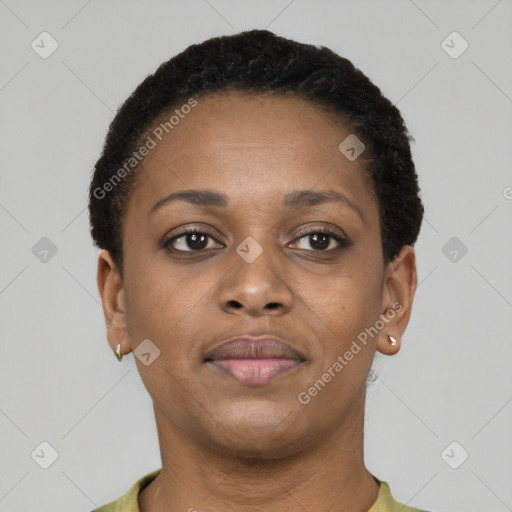 Neutral black young-adult female with short  brown hair and brown eyes