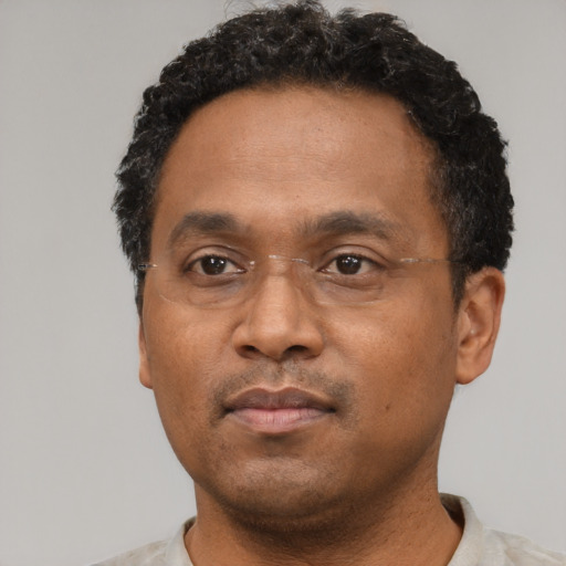 Neutral black adult male with short  black hair and brown eyes