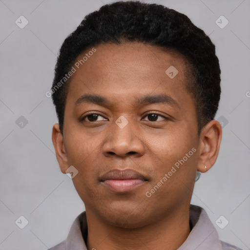 Neutral black young-adult male with short  black hair and brown eyes
