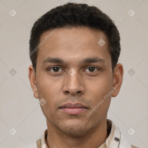 Neutral latino young-adult male with short  brown hair and brown eyes