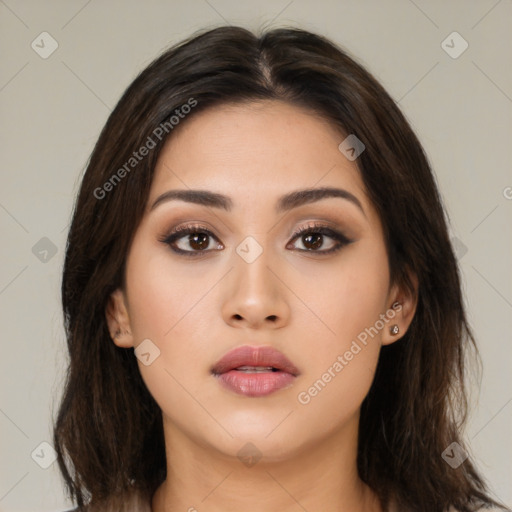 Neutral asian young-adult female with medium  brown hair and brown eyes