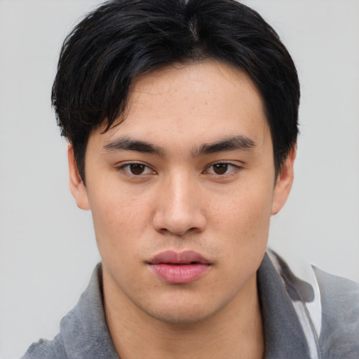 Neutral asian young-adult male with short  black hair and brown eyes