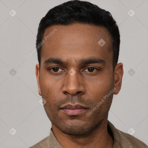 Neutral latino young-adult male with short  black hair and brown eyes