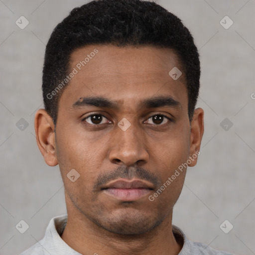 Neutral latino young-adult male with short  black hair and brown eyes