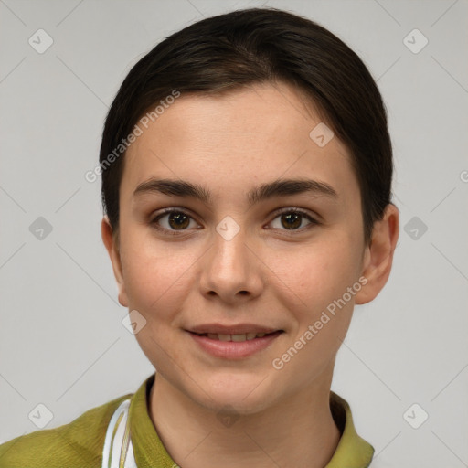 Joyful white young-adult female with short  brown hair and brown eyes