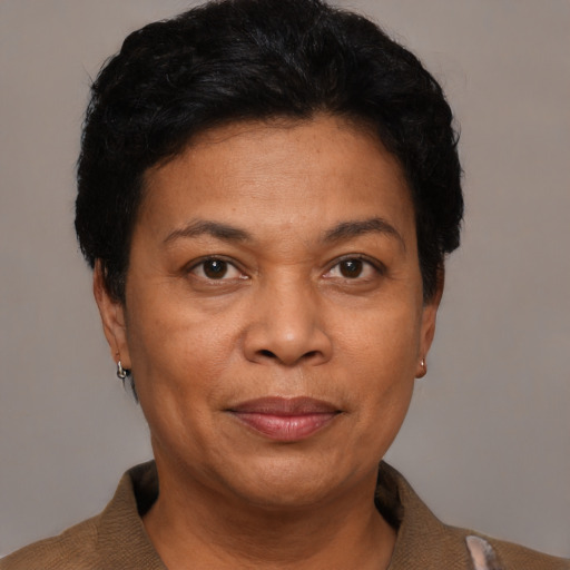 Joyful asian adult female with short  black hair and brown eyes