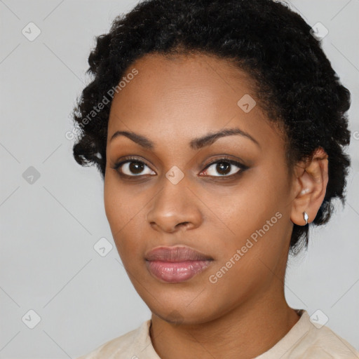 Neutral black young-adult female with short  black hair and brown eyes